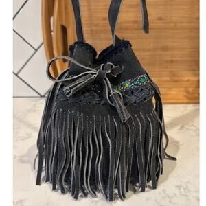 Columbian Arte Sano blue suede fringe bucket bag hippie western indigenous